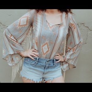 Sheer tan pattern fringe blouse